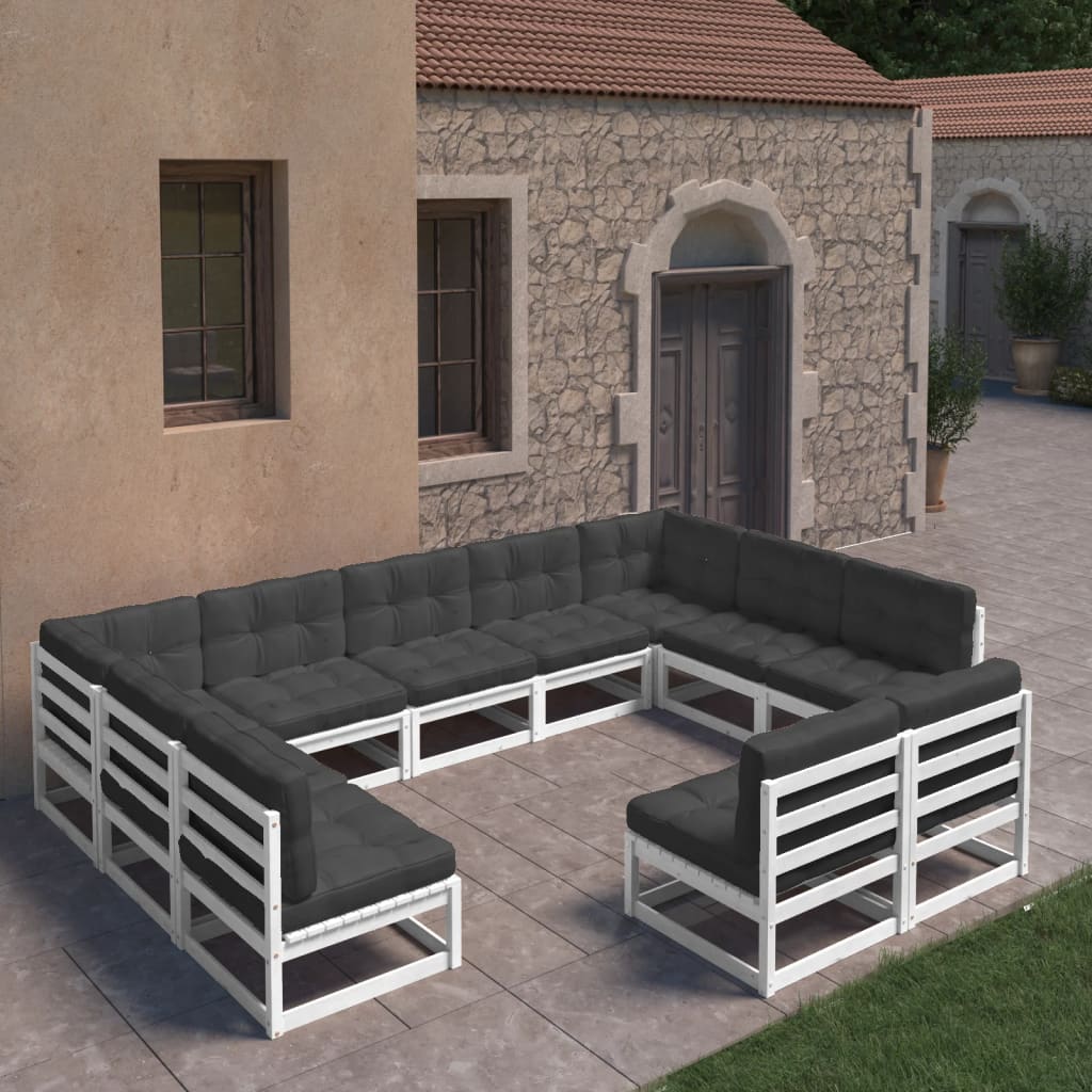 11-tlg. Garten-Lounge-Set mit Kissen Weiss Kiefer Massivholz